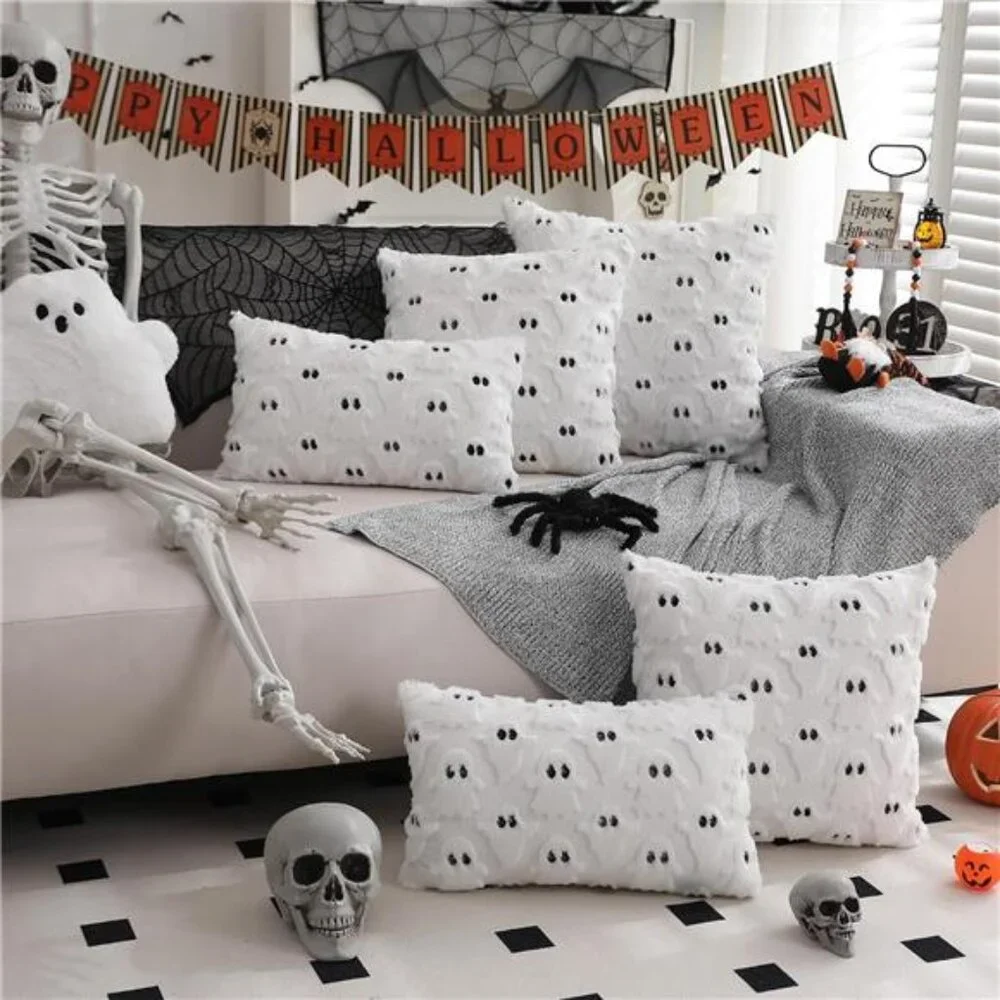 Set of 2 Halloween Ghost Pillow Covers - 18x18 Inch Soft Plush‎ Faux Fur Cushion
